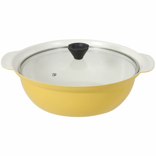 LIV PLUS 蒸し目皿付 卓上鍋 両手鍋 26cm IH ガス火対応 セラミック ガラス蓋付 レモンイエロー NQ-0421 ビストロ・セラミック