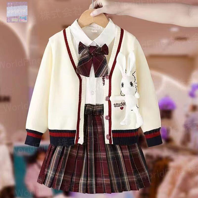 スーツ 女の子 キッズ 子供スーツ カーディガン+シャツ+スカート 3点セット シャツ カーディガン スカート 立体ウサギ 長袖 フォーマル セットアップ スクール制服 JK制服 学園風 入学式 卒服 小学生 七五三 ジュニア服 卒業式 KSGA199(110-160）