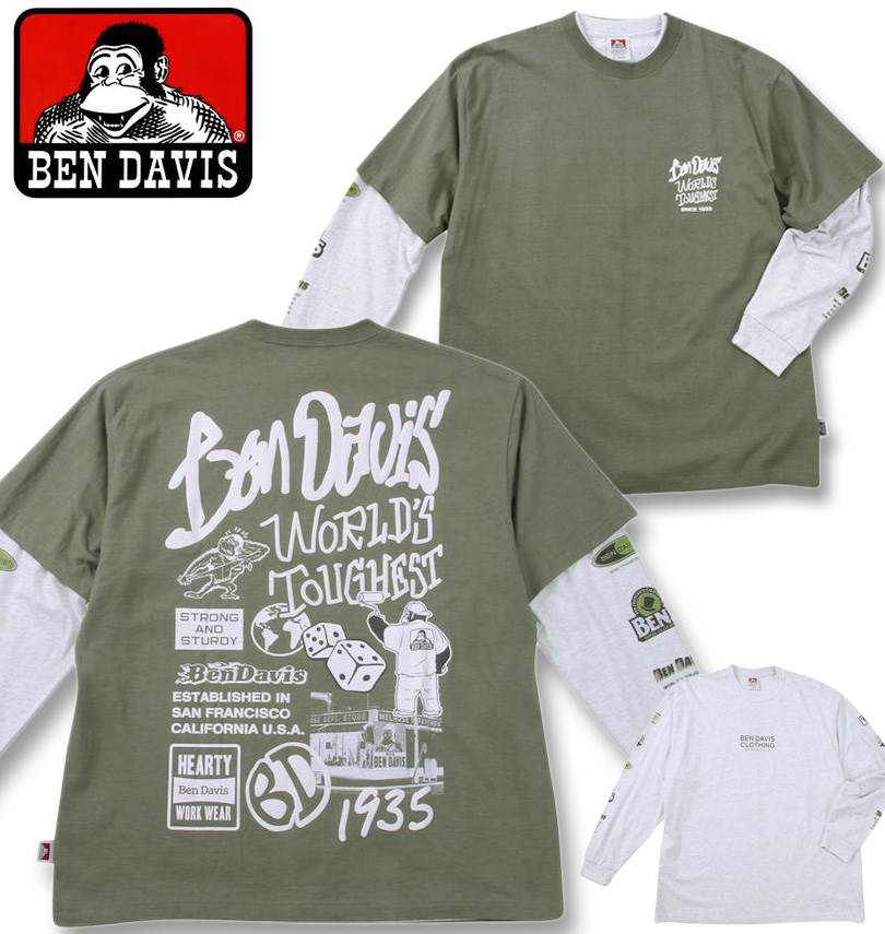 大きいサイズ メンズ BEN DAVIS 長袖T&半袖T レイヤード Tシャツ カーキ×アッシュ 3L 4L 5L 6L 送料無料|大きいサイズの専門店ビックリベロ
