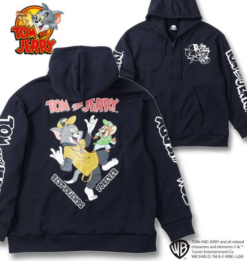 大きいサイズ メンズ TOM and JERRY ニットフリース プリント フルジップ パーカー ネイビー 3L 4L 5L 6L 送料無料｜大きいサイズの専門店ビックリベロ