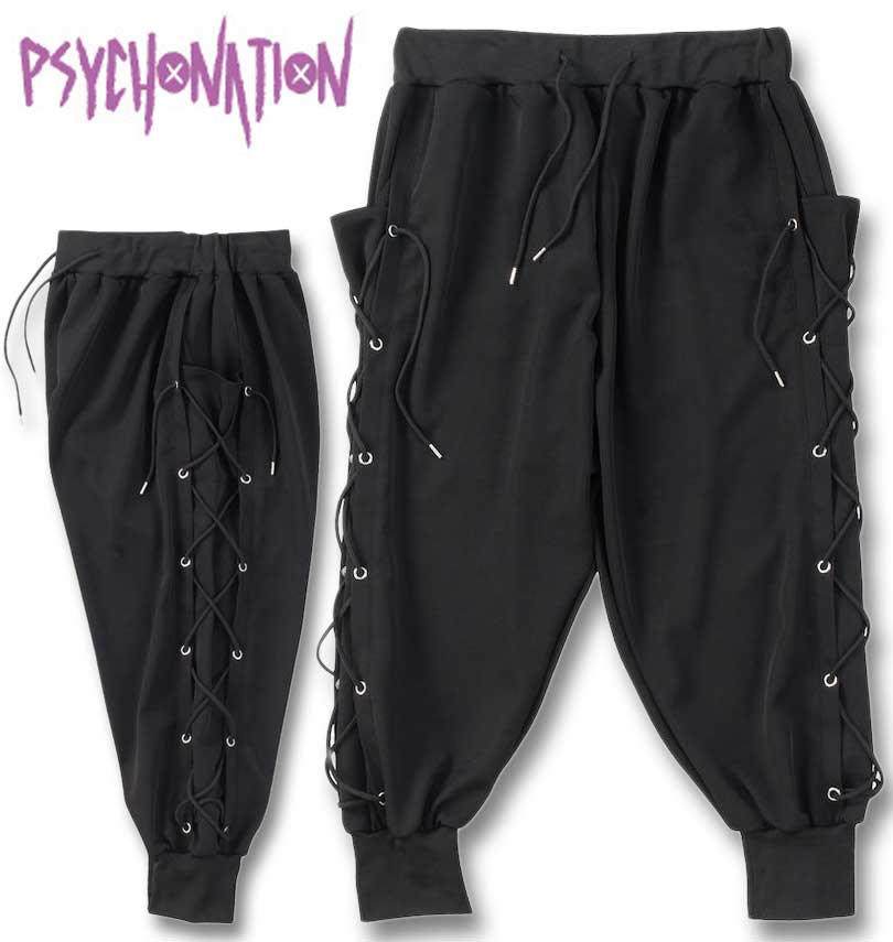 気が大きい大きさ メンズ PSYCHO NATION サイドレースアップパンツ 黒いこと×黒いこと 3L 4L 5L 6L 貨物輸送無料