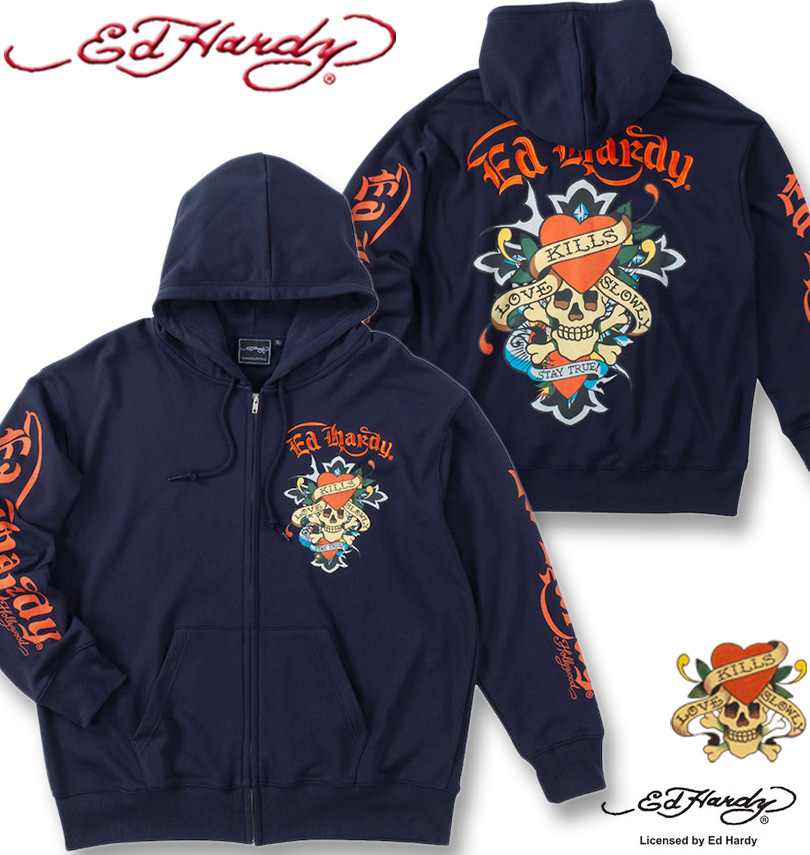 大きいサイズ メンズ Ed Hardy 裏毛 刺繍\u0026プリント フルジップ パーカー ネイビー 3L 4L 5L 6L 送料無料