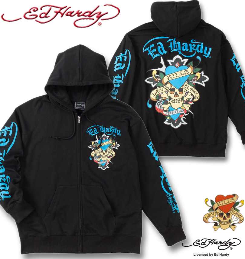大きいサイズ メンズ Ed Hardy 裏毛 刺繍\u0026プリント フルジップ パーカー ブラック 3L 4L 5L 6L 送料無料