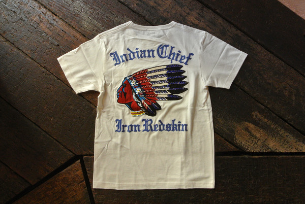 ★INDIAN MOTORCYCLEインディアン モーターサイクル★ IM76300 「INDIAN FACE」ビーズ＆チェーン刺繍 半袖Tシャツ ホワイト