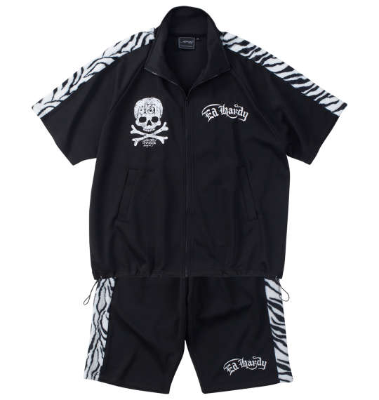 大きい メンズ ゼブラフェイクファーライン半袖ジャージセット Ed Hardy(エドハーディ) 3L 4L 5L 6L 7L 8L ブラック ジャージ 上下セット 大きめ スポーツ おしゃれ ルームウェア カジュアル ストリート ファッション 1278-4517-