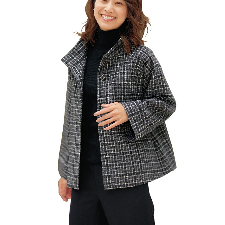 楽天市場】スタンドカラー ジャケット チェック レディース ツイード調