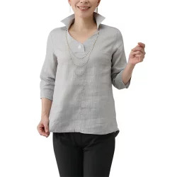 【春夏 日本製 近江ちぢみスキッパーブラウス】麻100％ グレーベージュ系 トップス レディース 婦人服 ミセス シニア 女性 オシャレ ファッション 40代 50代 60代 70代 80代 母の日 お母さん 春物 夏物 春夏 敬老 プレゼント 贈り物 リネンシャツ 七分袖 p19816｜ＢＷＳ　店