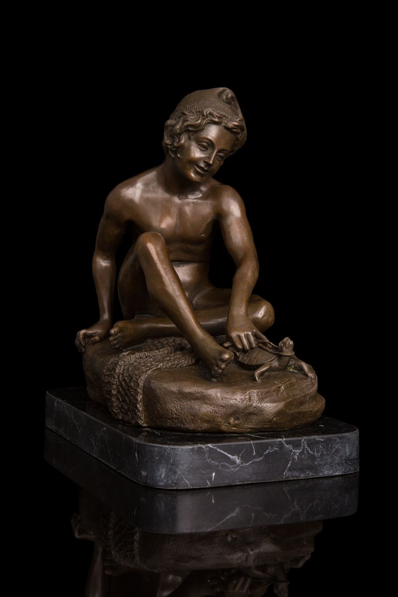 送料無料 重量ブロンズ 像 亀を遊んでいる男子 ギリシア神話 29cm大名品 Giet Edu