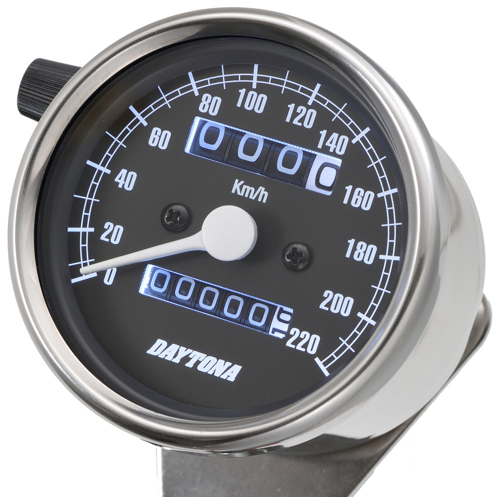 機械式スピードメーター φ60 ホワイトLED照明 220km/h ステンレスボディ ブラックパネル DAYTONA（デイトナ）