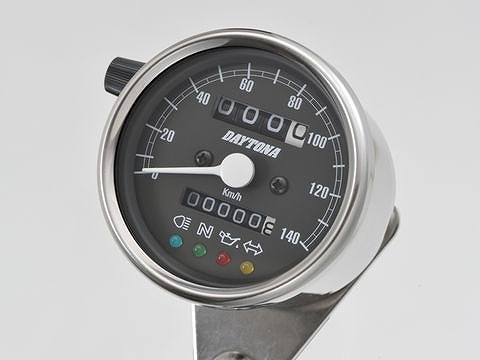 デイトナ 機械式スピードメーター 60 ステンレスボディ ブラックパネル 140km H インジケーター付き スピードメーター クラシカル 140km H表示 デイトナ 機械式スピードメーター 60 ステンレスボディ ブラックパネル 140km H インジケーター付き スピード