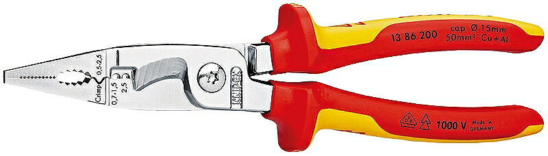 KNIPEX ｸﾆﾍﾟｯｸｽ 1386-200 絶縁ｴﾚｸﾄﾛﾌﾟﾗｲﾔｰ (SB) ストリッピング能力(mm2)：0.75-1.5/2.5 クリンピング能力(mm)：0.5-2.5 切断能力(銅・アルミケーブル；φmm)：15 切断能力(銅・アルミケーブル；mm2)：50 全長(mm)：200 質量(g)：280