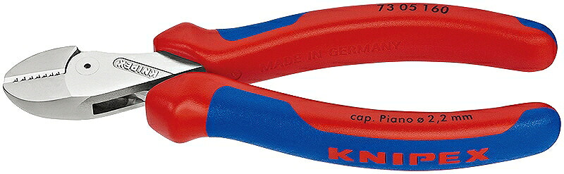 KNIPEX ｸﾆﾍﾟｯｸｽ 7305-160 X-CUT ｺﾝﾊﾟｸﾄﾆｯﾊﾟｰ (SB) 切断能力（軟線；φmm)：4.8 切断能力（中硬線；φmm)：3.8 切断能力(硬線；φmm)：2.7 切断能力(ピアノ線；φmm)：2.2 切断能力(複合導線；φmm)：12 全長(mm)：160 質量(g)：175