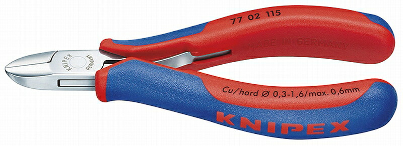 KNIPEX ｸﾆﾍﾟｯｸｽ 7702-115 ｴﾚｸﾄﾛﾆｸｽﾆｯﾊﾟｰ (SB) 切断能力(軟線;φmm):0.3-1.6 切断能力(中硬線;φmm):1.2 切断能力(硬線;φmm):0.6 口先の長さ(mm):14 ジョイント部の幅(mm):11 ジョイント部の厚さ(mm):7.5 全長(mm):115 質量(g):80