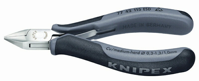 KNIPEX ｸﾆﾍﾟｯｸｽ 7742-115ESD ｴﾚｸﾄﾛﾆｸｽﾆｯﾊﾟｰ 切断能力（軟線；φmm)：0.3-1.3 切断能力（中硬線；φmm)：0.8 口先の長さ(mm)：14 ジョイント部の幅(mm)：11 ジョイント部の厚さ(mm)：7.0 全長(mm)：115 質量(g)：78