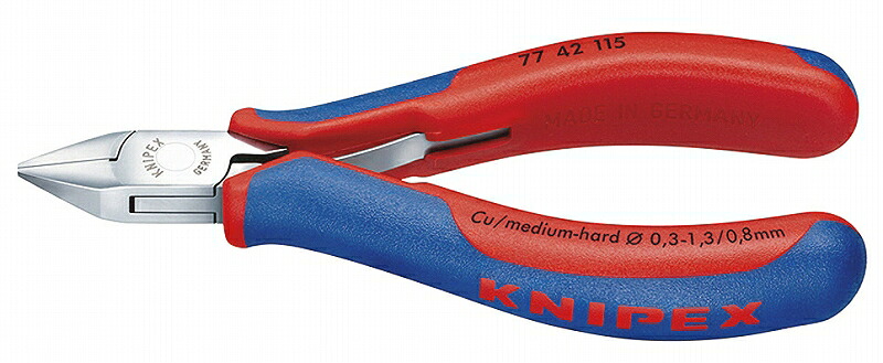 KNIPEX ｸﾆﾍﾟｯｸｽ 7742-130 ｴﾚｸﾄﾛﾆｸｽﾆｯﾊﾟｰ 切断能力（軟線；φmm)：0.3-1.6 切断能力（中硬線；φmm)：1.3 口先の長さ(mm)：18 ジョイント部の幅(mm)：15 ジョイント部の厚さ(mm)：9.5 全長(mm)：130 質量(g)：122