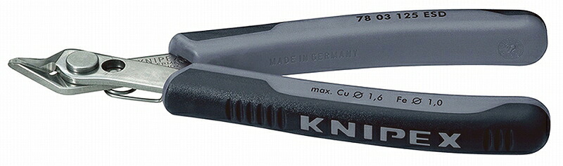 KNIPEX ｸﾆﾍﾟｯｸｽ 7803-125ESD ｴﾚｸﾄﾛﾆｸｽ ｽｰﾊﾟｰﾆｯﾊﾟｰ (SB) 切断能力（軟線；φmm)：0.2-1.6 切断能力（中硬線；φmm)：1.0 口先の長さ(mm)：9.0 ジョイント部の幅(mm)：13.5 ジョイント部の厚さ(mm)：7.5 全長(mm)：125 質量(g)：55