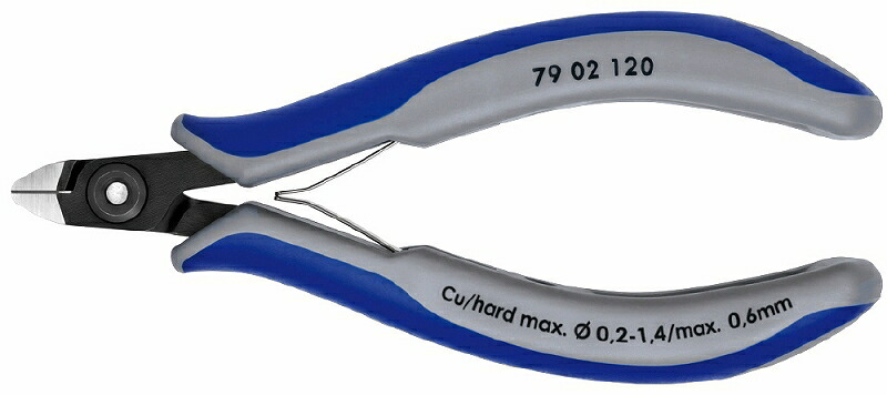 KNIPEX ｸﾆﾍﾟｯｸｽ 7902-120 ｴﾚｸﾄﾛﾆｸｽﾆｯﾊﾟｰ 切断能力(軟線;φmm):0.2-1.4 切断能力(中硬線;φmm):1.0 切断能力(硬線;φmm):0.6 口先の長さ(mm):6.5 ジョイント部の幅(mm):9.0 ジョイント部の厚さ(mm):6.5 全長(mm):120 質量(g):57