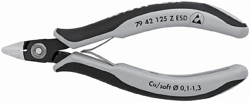 KNIPEX ｸﾆﾍﾟｯｸｽ 7942-125ZESD ｴﾚｸﾄﾛﾆｸｽﾆｯﾊﾟｰ 切りおとす電気容量（軟線；φ粍)：0.1-1.3 言葉づかいの長さ(粍)：11 合わせ目部の幅(粍)：11 合わせ目部の厚さ(粍)：6.5 全長(粍)：125 質量(g)：58