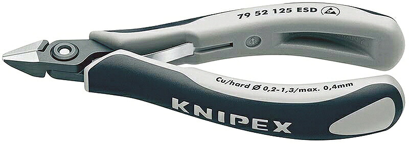 KNIPEX ｸﾆﾍﾟｯｸｽ 7952-125ESD ｴﾚｸﾄﾛﾆｸｽﾆｯﾊﾟｰ 切りおとす電気容量(軟線;φ粍):0.2-1.3 切りおとす電気容量(中硬線;φ粍):0.9 切りおとす電気容量(硬線;φ粍):0.5 言葉づかいの長さ(粍):11 合わせ目部の幅(粍):11 合わせ目部の厚さ(粍):6.5 全長(粍):125 質量(g):58