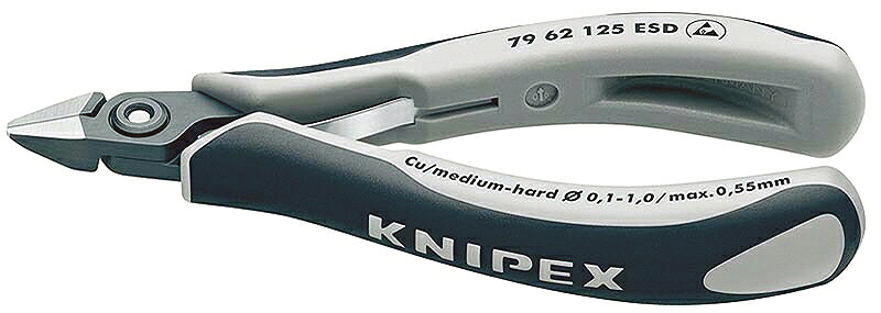 KNIPEX ｸﾆﾍﾟｯｸｽ 7962-125ESD ｴﾚｸﾄﾛﾆｸｽﾆｯﾊﾟｰ 切りおとす電気容量（軟線；φ粍)：0.1-1.3 切りおとす電気容量（中硬線；φ粍)：0.8 言葉づかいの長さ(粍)：11 合わせ目部の幅(粍)：11 合わせ目部の厚さ(粍)：6.5 全長(粍)：125 質量(g)：58