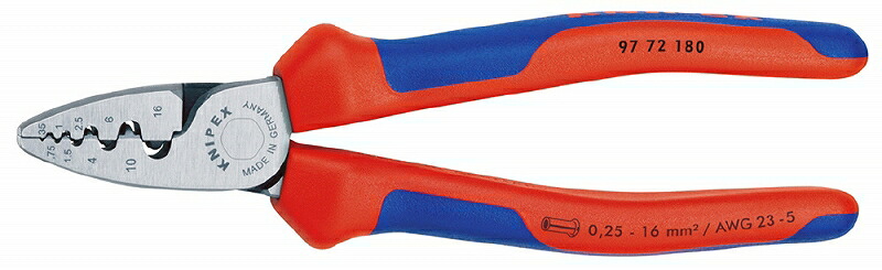 KNIPEX ｸﾆﾍﾟｯｸｽ 9772-180 ｴﾝﾄﾞｽﾘｰﾌﾞ用圧着ﾍﾟﾝﾁ クリンピング電気容量(粍2)：0.25-16 クリンピング電気容量(AWG)：23-5 質量(g)：242 その他-DIY・工具