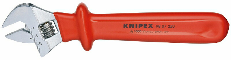KNIPEX クニペックス 9807-250 絶縁モンキーレンチ 250MM 最大口幅(mm):30 最大口幅(inch):1.1/8 全長(mm):250 先端厚み(mm):8.0 ヘッド厚み(mm):16.0 ヘッド幅(mm):73 アゴ深さ(mm):20 質量(g):500|バイクマン 店