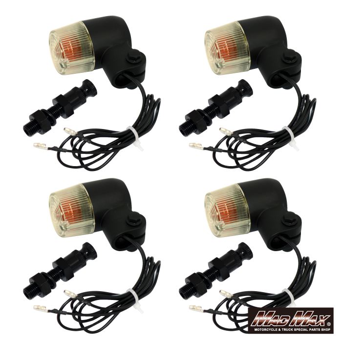 マッドマックス MM11-0078-LY-2 丸型ミニヨーロピアンウインカー M10×60mm/アルミ製取付ステー付 ブラック/黄ばみ 4個セット 汎用 ウィンカー 指示器
