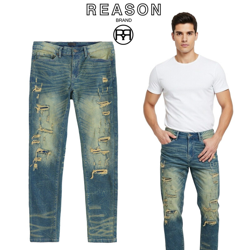 REASON/リーズン BLASTED DENIM JEANS/ジーンズ/デニムパンツ/B系 ストリート ダンス 衣装 チーム カジュアル アメカジ インポート 大きいサイズ ビッグサイズ