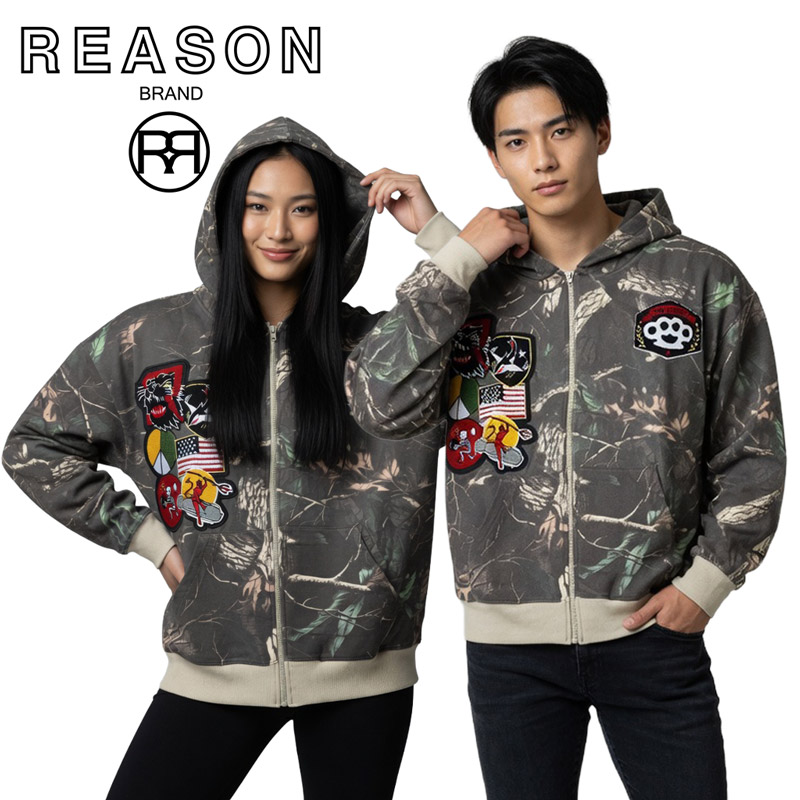 REASON/リーゾン PATCH REAL TREE CAMO パッチ カモフラ柄 ロゴ刺繍アップリケ 長袖パーカー コットン素材 裏起毛スウェット フルジップ ボックスシルエット /B系/ストリート/ダンス/チーム/カジュアル/アメカジ/インポート ゆったり大きい目サイズ|Billboard e-shop
