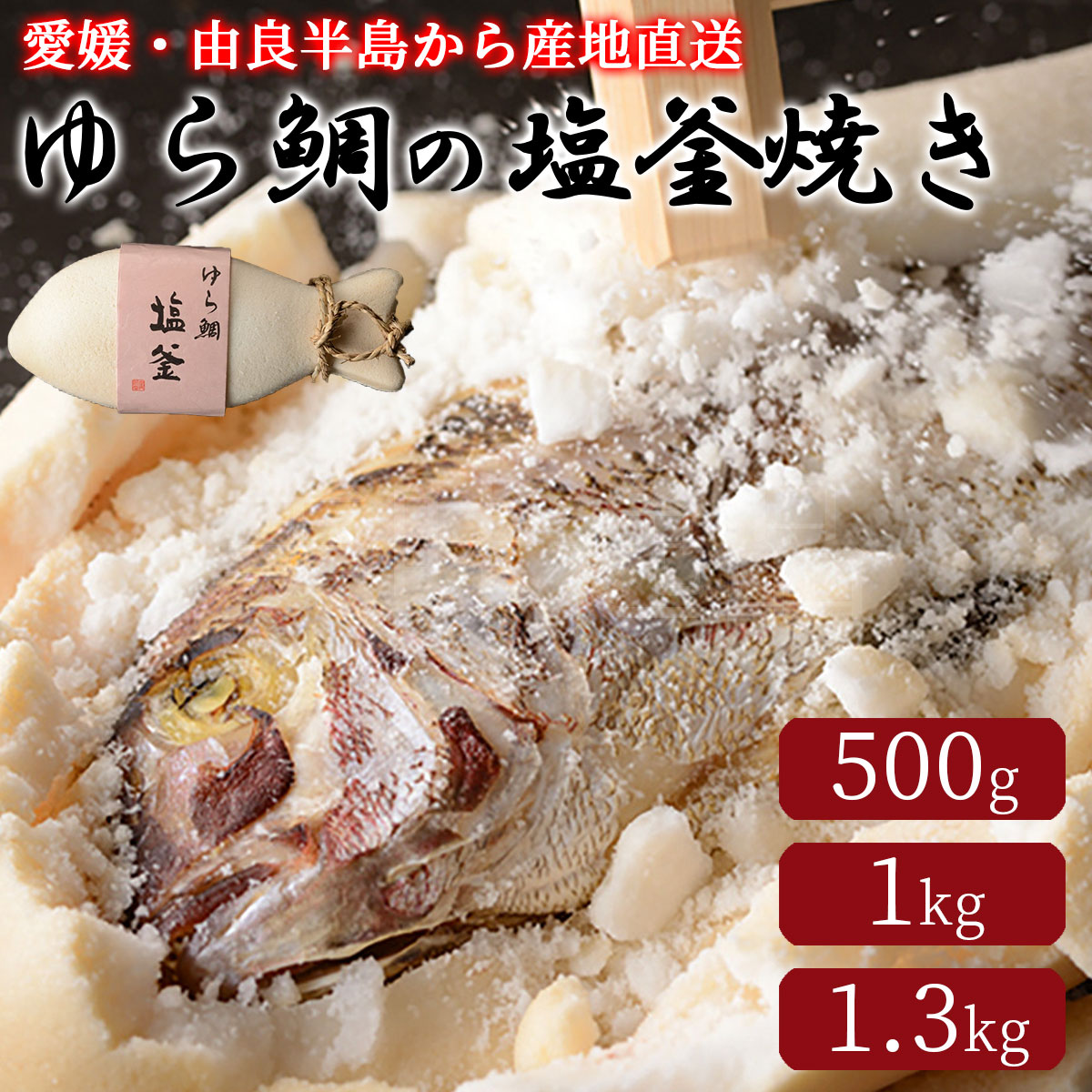 ゆら鯛の塩釜焼き　選べる３サイズ　由良半島から産地直送でお届け<br><br>タイ たい 真鯛 めで鯛 おすすめ 人気 産直 全国 配送 ギフト お祝い 祝い事 お中元 お歳暮 誕生日 入学 卒業 還暦 喜寿 米寿 お取り寄せ グルメ 送料 無料 愛媛 由良半島 豊後水道 宝水産