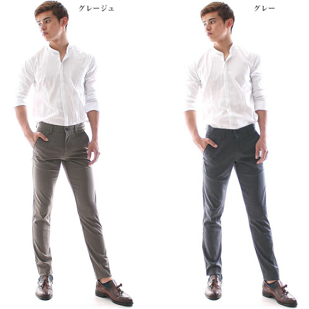 楽天市場 スキニー スリム スラックス ストライプ パンツ メンズ グレージュ グレー 大きいサイズ も入荷 春夏秋 ビジネス パンツ ジャケパン 薄手 薄地 ｂｉｎ １ ｌｉｍｉｔｅｄ