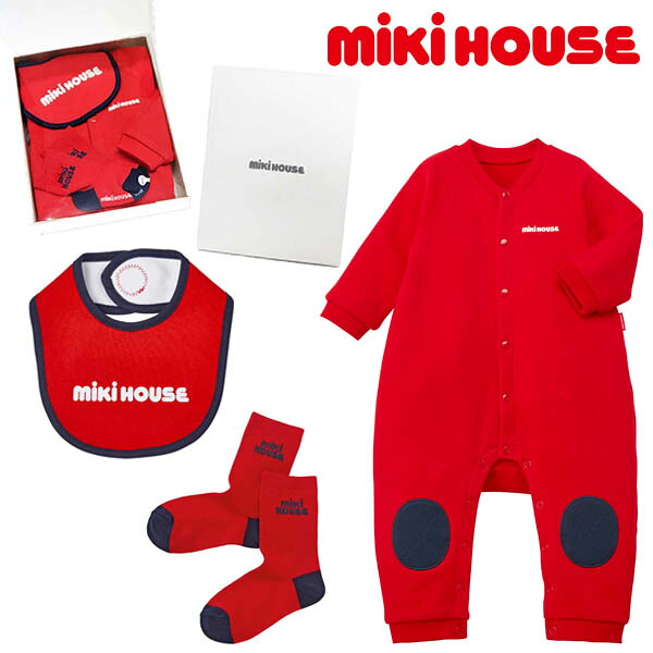 セット価格☆MIKIHOUSE ミキハウス バックロゴカバーオール&スタイ&ソックス 3点セットギフト【BOX付】:80cm/11-13cm:10-1205-142gift|binabino