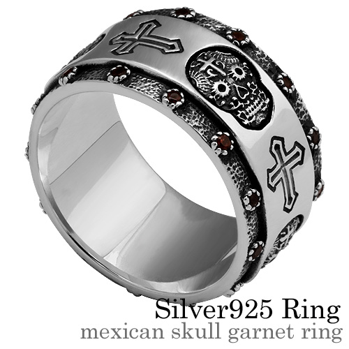 ＼10%OFFクーポン／メキシカンスカルガーネットリング メンズ シルバー925 幅11mm スカル クロス 指輪 ガーネットリング シルバーリング 幅広リング 15号 17号 19号 21号 23号 ドクロ クロスモチーフ 赤石 スカルモチーフ メンズリング bar-1416｜シルバーアクセサリーBinich
