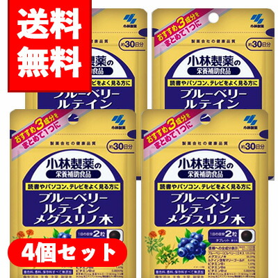 【メール便/送料無料】4個セット 小林製薬の栄養補助食品 ブルーベリー・ルテイン・メグスリノ木 60粒(約30日分)×4個