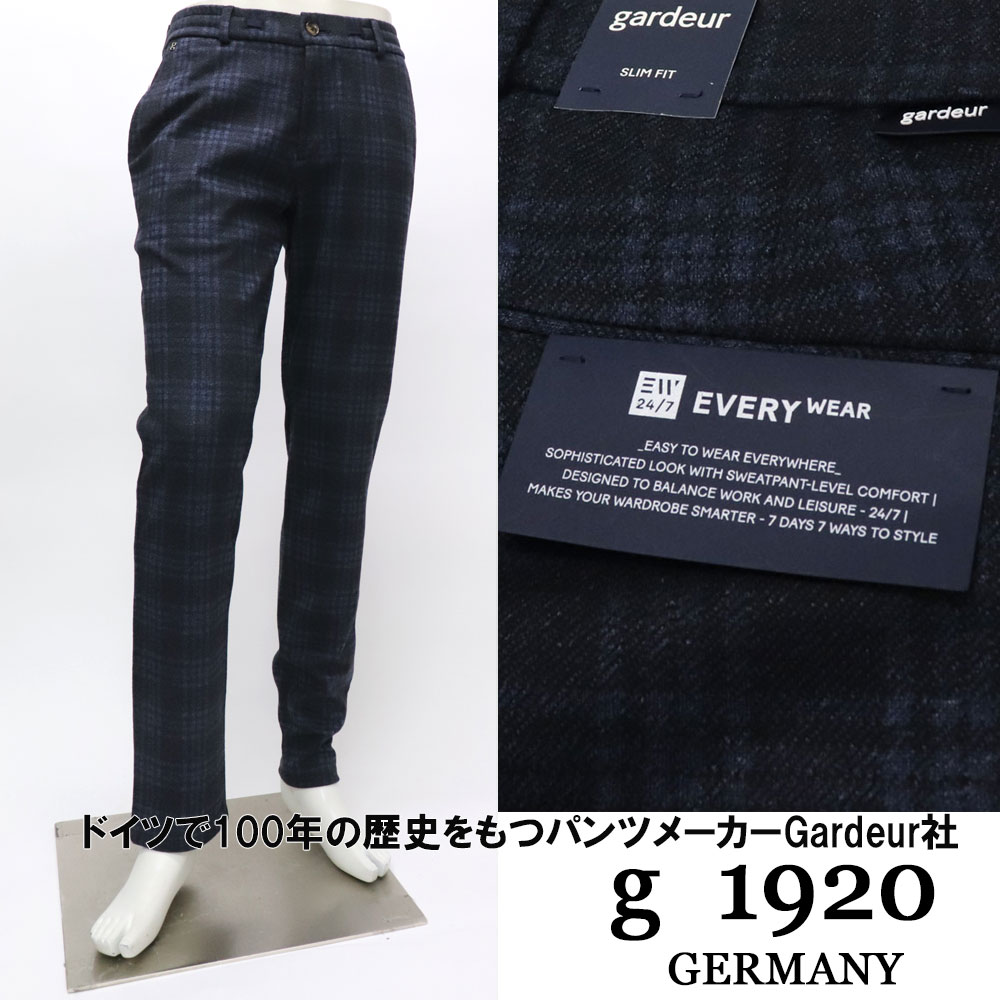 gardeur ドイツブランド　スリムフィット　ストレッチテーパードパンツ ドローコード　紐パン　シャーリングパンツ　メンズ　秋冬 ≪ウールブレンド　チェック　ネイビー　紺≫【送料無料】30000NK