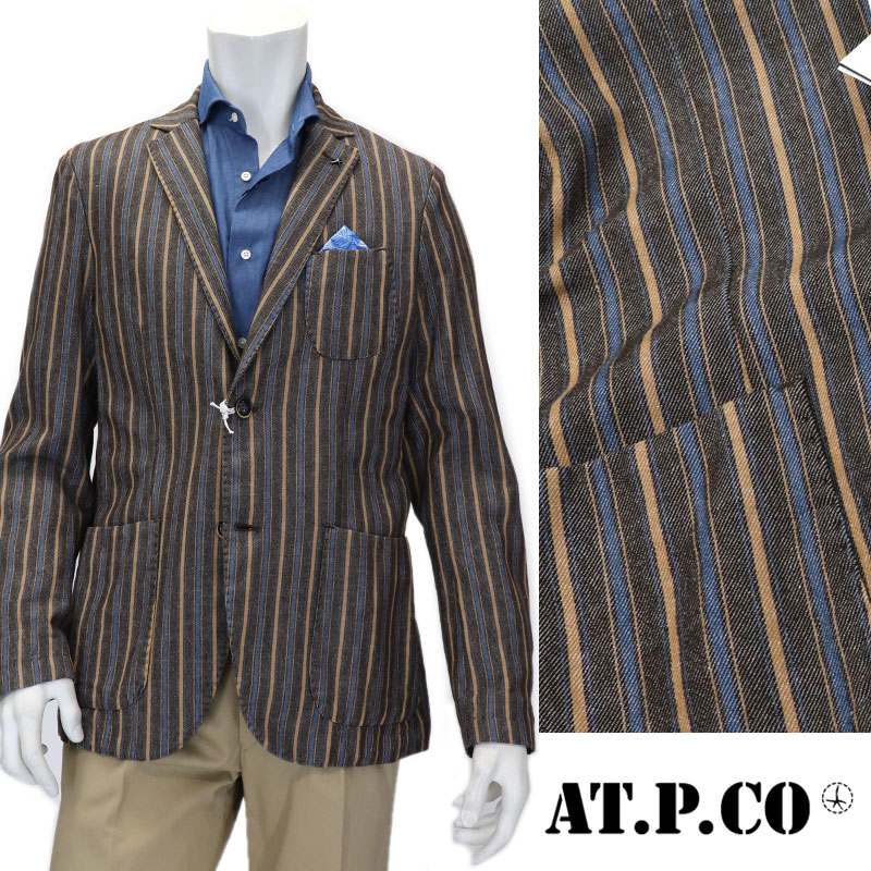 メンズファッション コート ジャケット 高品質の人気 リネン コットン イタリアブランド アティピコ At P Co ジャケット 綿麻ジャケット 茶 送料無料 mt ストライプ ブラウン 春夏 クールビズ メンズ Mail Shoxruxtj Com