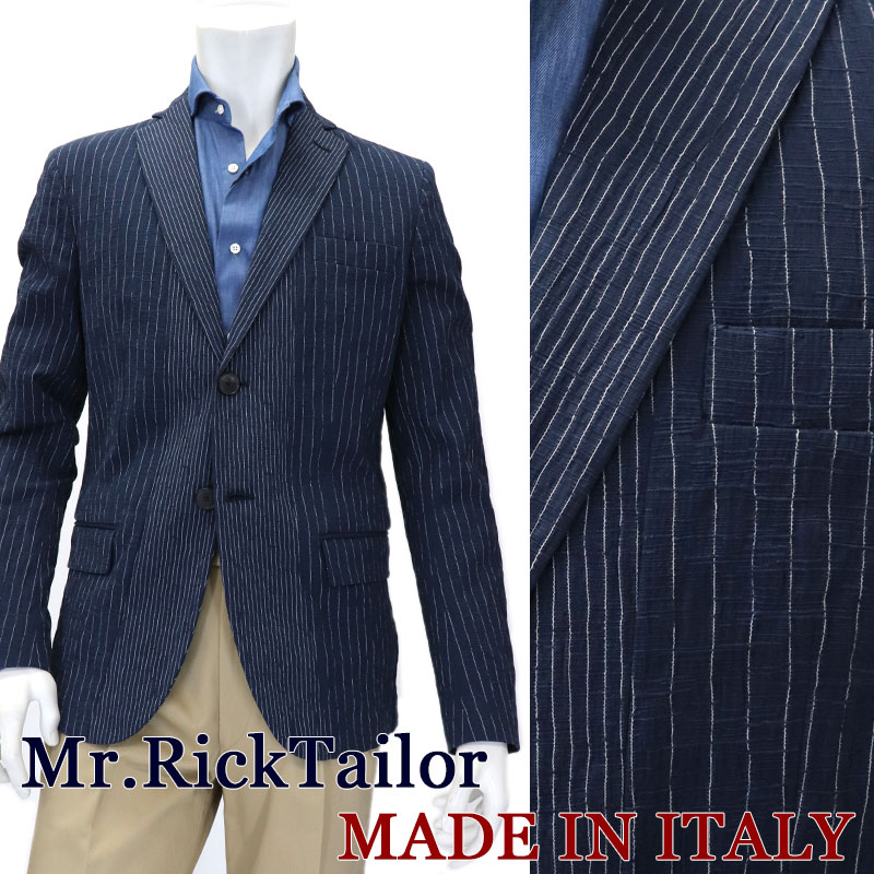 メンズファッション コート ジャケット 名作 カジュアル 春夏 メンズ イタリア製 ストレッチコットンジャケット イタリアブランド ミスターリックテイラー Mr Ricktailor ビジネス ストライプ 送料無料 Gwk ネイビーブルー テーラードジャケット