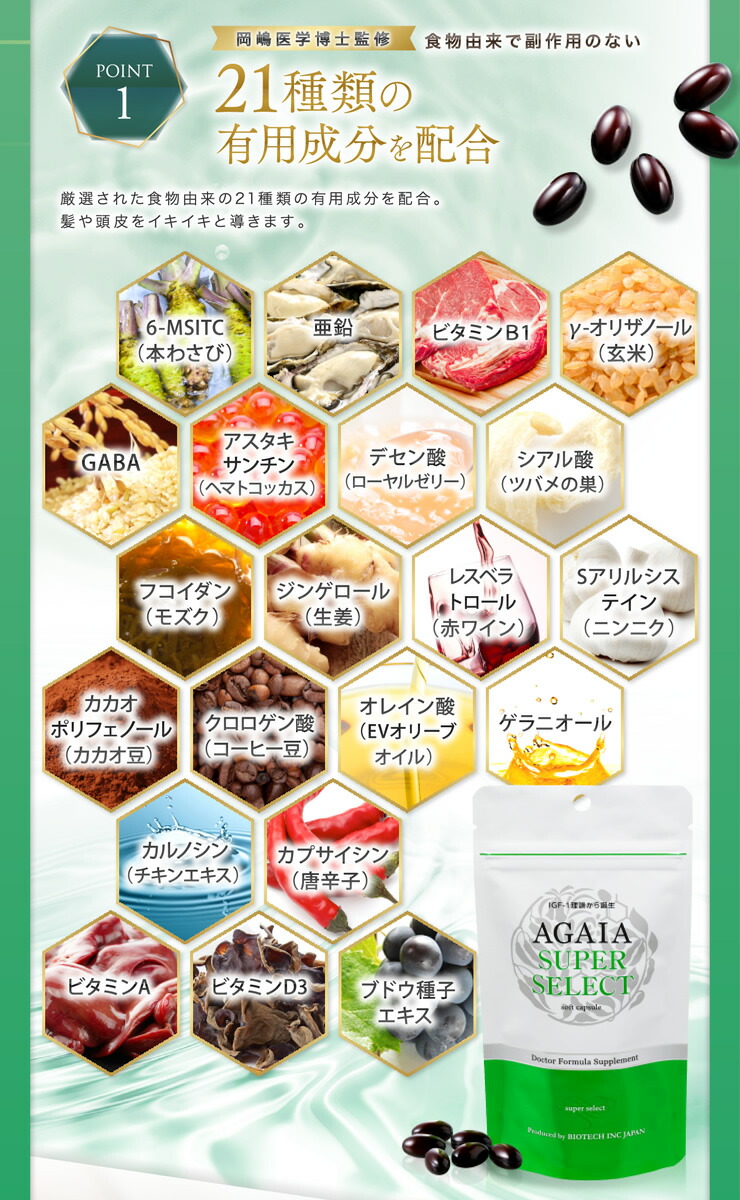 楽天市場 サプリメント バイオテック Agaia アガイア スーパーセレクト 約1ヶ月分 日本製 育毛 養毛 薄毛 薄毛対策 抜け毛 抜け毛対策 頭皮 頭皮ケア Aga 育毛促進 育毛サプリ 育毛サプリメント サプリ カプサイシン イソフラボン ビタミンa ビタミンb1 バイオ