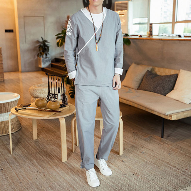 綿麻 上下仕掛ける メンズ 2点仕掛ける 長袖 無地 サルエルパンツ 和式 心地好い 春夏
