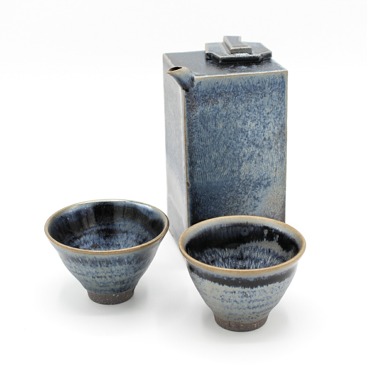 山下陶房 山下秀樹 銀化天目（ぎんかてんもく） 酒器揃　角片口 (蓋付) (中)・ぐい呑 2個 冷酒 熱燗 ぬる燗 おしゃれ ギフト プレゼント