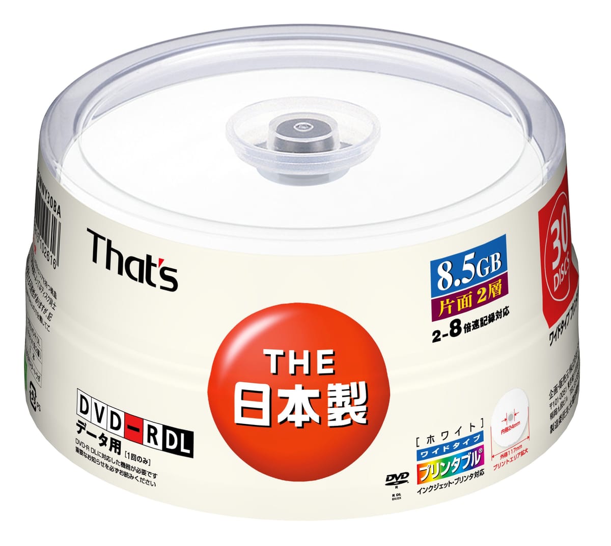 太陽誘電製 That's DVD-Rデータ用 8倍速8.5GB 片面2層ワイドプリンタブル スピンドルケース30枚入 DR-85WWY30BA