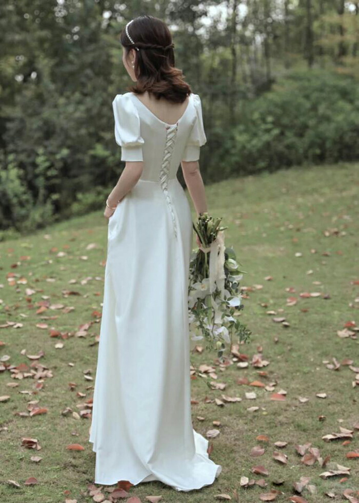 新品本物 Dress Wedding ウエディングドレス Vネック ドレス ウェディング レース袖あり オーダーメイドも可能 パーティードレス 海外挙式 ドレス ホワイト Xs Xl Wd472ls 結婚式 ファスナータイプ トレーンドレス スレンダーライン ウェディングドレス