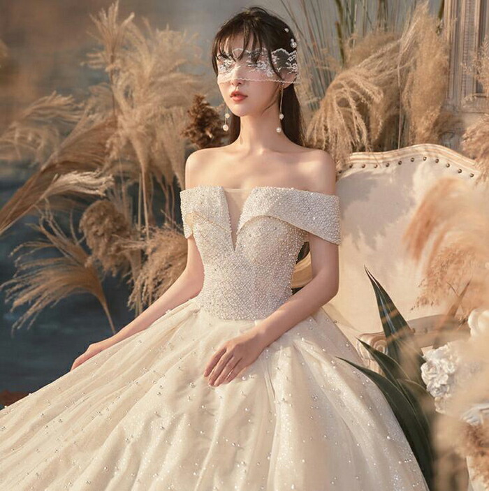 海外販売× ウエディング ドレス カラードレス Wedding Dress 長袖 パーティードレス Aライン 床付きタイプ 背中空き 結婚式 