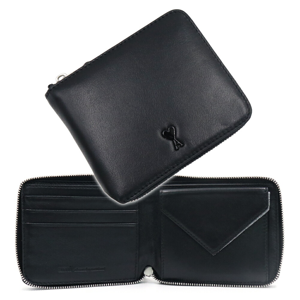 AMI PARIS 意中の女パリス ラウンドジッパー二つ折り紙入れ（御釣り入れ付き添い人） USL704.AL0138 黒いこと 2026春夏新作