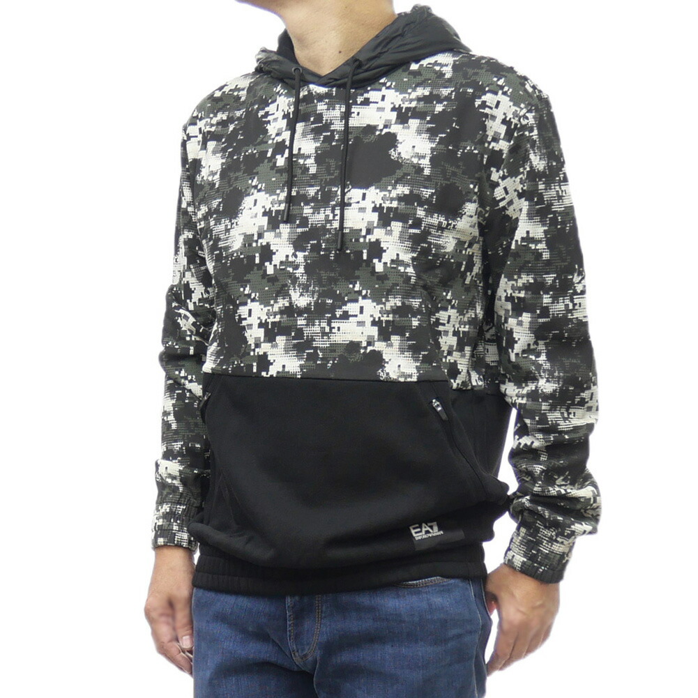 EMPORIO ARMANI エンポリオアルマーニ EA7 メンズプルオーバーパーカー 6DPM09 PJOGZ ブラック×カモフラージュ柄