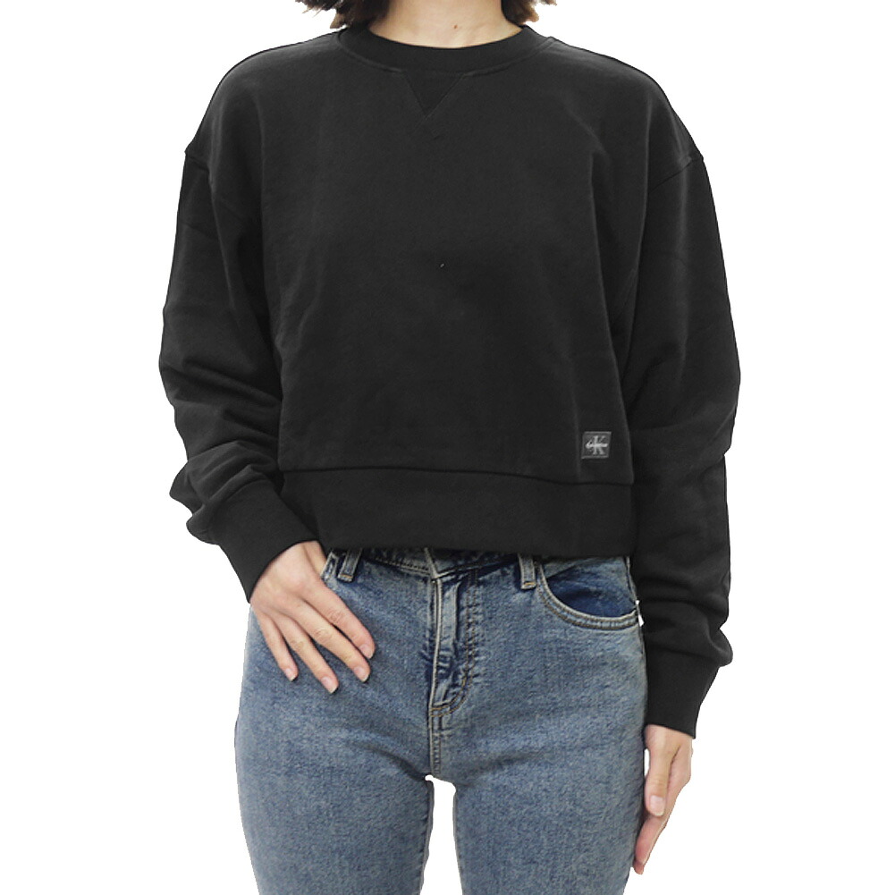 【期間限定ポイント5倍】CALVIN KLEIN JEANS カルバンクライン ジーンズ レディース スウェット 47C911G 長袖 ショート丈 ブランド ワンポイント ロゴ カジュアル スポーティ普段使い コットン トレーナー ブラック｜BIVLABO