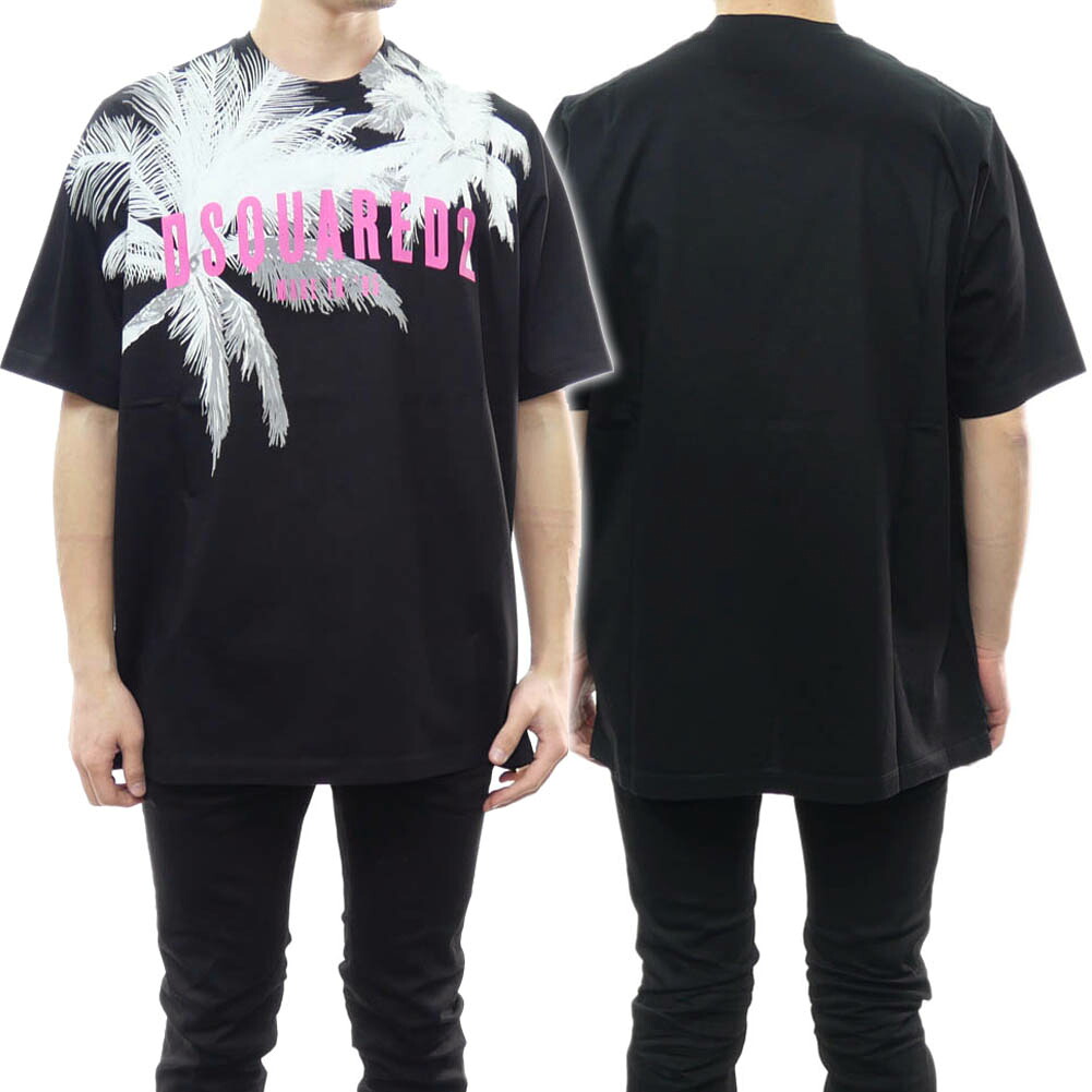 【期間限定ポイント5倍】DSQUARED2 ディースクエアード メンズ クルーネックTシャツ S74GD1098 S23009 ブラック リゾート ボタニカル｜BIVLABO