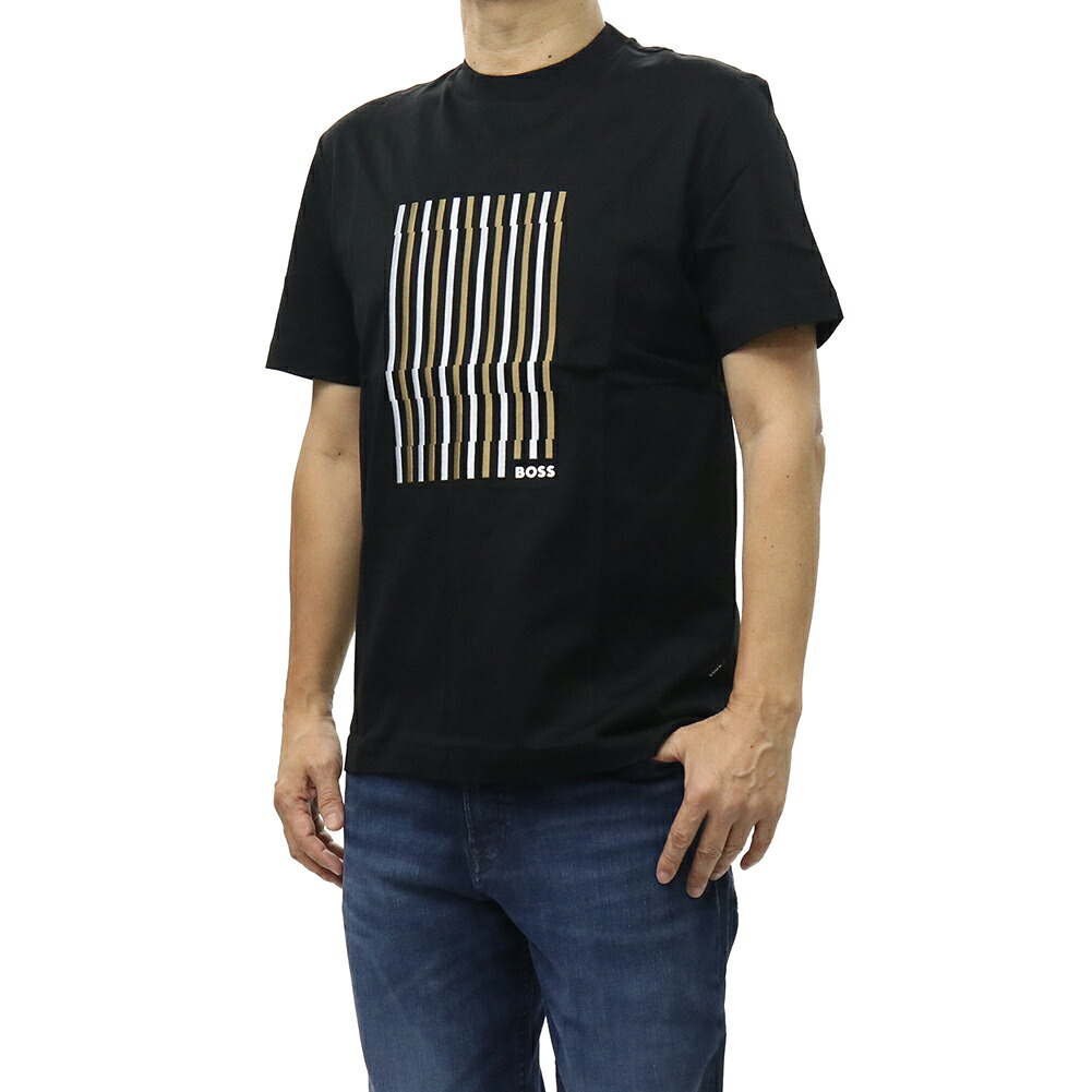 【期間限定ポイント5倍】HUGO BOSS ヒューゴボス メンズ クルーネックTシャツ 50560466 10277890 / C-Thompson 41 ストライプ 刺繍 エンブロイダリー 半袖 カットソー トップス インポート ブラック｜BIVLABO