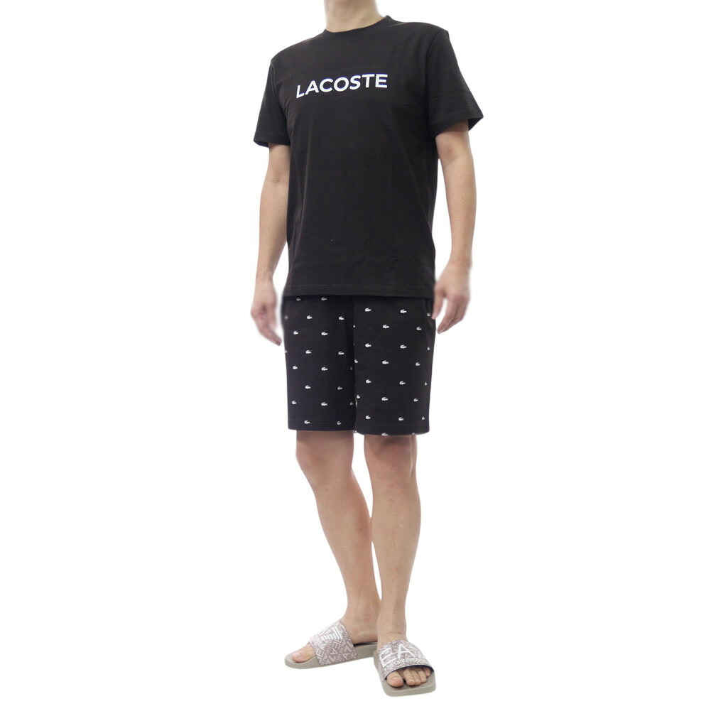【期間限定ポイント5倍】LACOSTE ラコステ メンズ パジャマ セットアップ 4H5281 半袖 Tシャツ カットソー ショートパンツ ショーツ 短パン ワニ ロゴ プリント ブラック｜BIVLABO