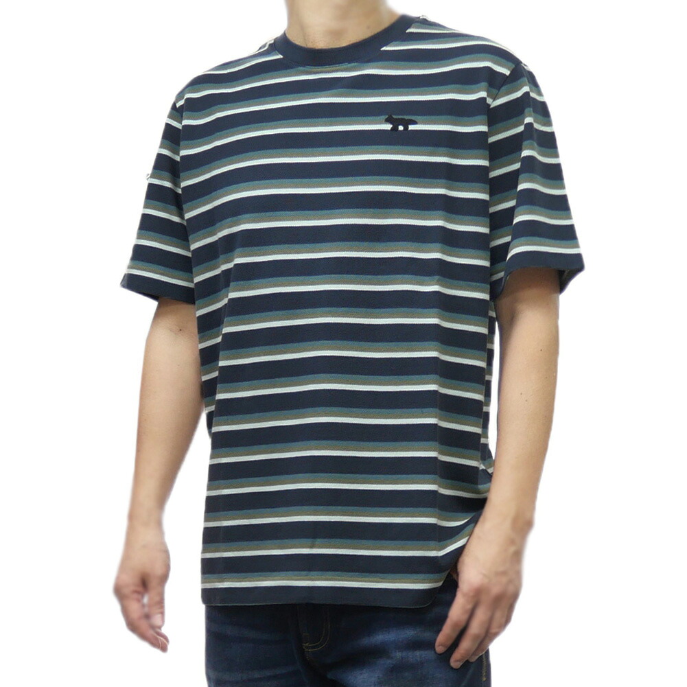 【期間限定ポイント5倍】MAISON KITSUNE メゾンキツネ クルーネック Tシャツ OM00103 KJ7010 / PROFILE FOX PATCH STRIPED COMFORT TEE SHIRT 半袖 ボーダー ブランド ロゴ カジュアル スポーティ コットンメンズ ネイビー系マルチカラー｜BIVLABO
